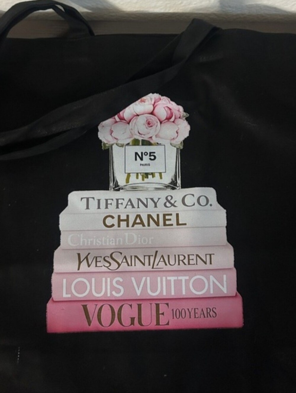 Black Tote Bag with Pink Floral & Fashion Book Stack Graphic